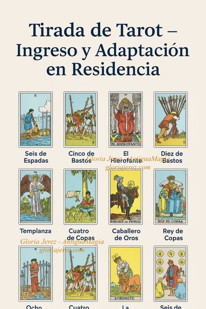 Tirada de cartas del Tarot representando el proceso de ingreso y adaptación en una residencia, con símbolos de transición, paciencia y estabilidad.