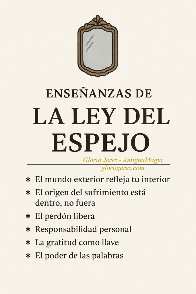 Imagen destacada espiritual sobre el libro La Ley del Espejo de Yoshinori Noguchi con elementos minimalistas y simbólicos.