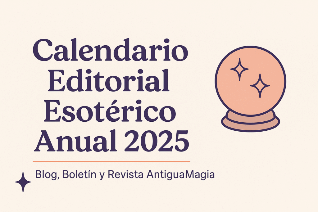 Calendario Editorial Esotérico Anual 2025 de AntiguaMagia para blog, boletín y revista, con tarot, rituales y magia semana a semana.