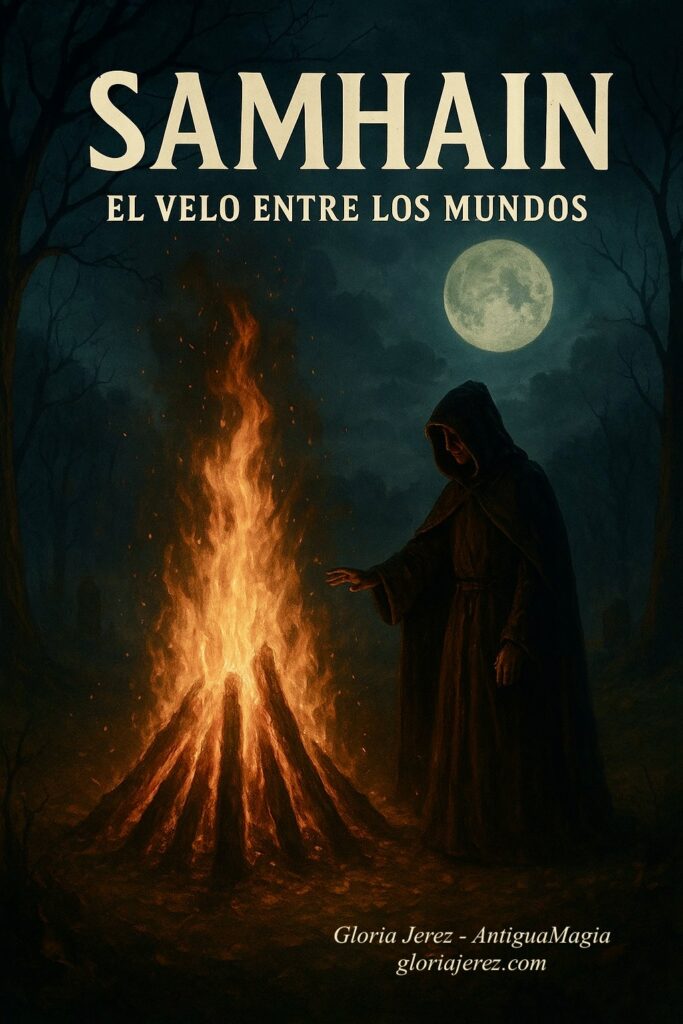 Ilustración esotérica de Samhain con una gran hoguera en un bosque nocturno, luna llena y figura encapuchada, simbolizando el velo entre los mundos.