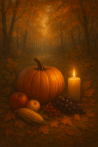 Imagen otoñal con hojas doradas, frutos de cosecha y luz suave, simbolizando Mabon y gratitud.
