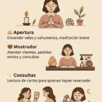 Ilustración esotérica cálida que muestra una mesa con cartas de tarot, velas encendidas y un ambiente místico, simbolizando un día completo en la tienda mágica AntiguaMagia.