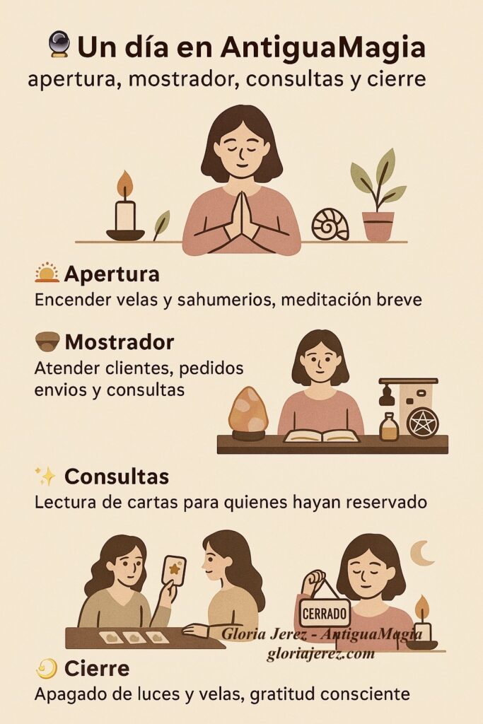 Ilustración esotérica cálida que muestra una mesa con cartas de tarot, velas encendidas y un ambiente místico, simbolizando un día completo en la tienda mágica AntiguaMagia.
