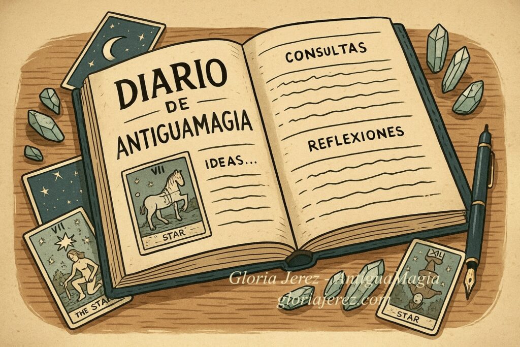 Ilustración esotérica digital de un cuaderno abierto con pluma y símbolos mágicos alrededor, representando el Diario de AntiguaMagia como espacio de escritura y ritual.