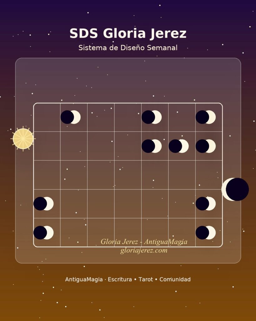 Ilustración esotérica digital con calendario abierto, pluma y símbolos místicos, representando el Sistema de Diseño Semanal Gloria Jerez como organización espiritual y mágica.