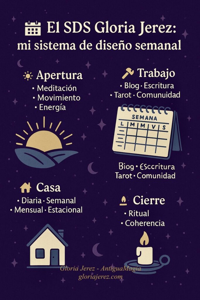 Ilustración esotérica digital con calendario abierto, pluma y símbolos místicos, representando el Sistema de Diseño Semanal Gloria Jerez como organización espiritual y mágica.