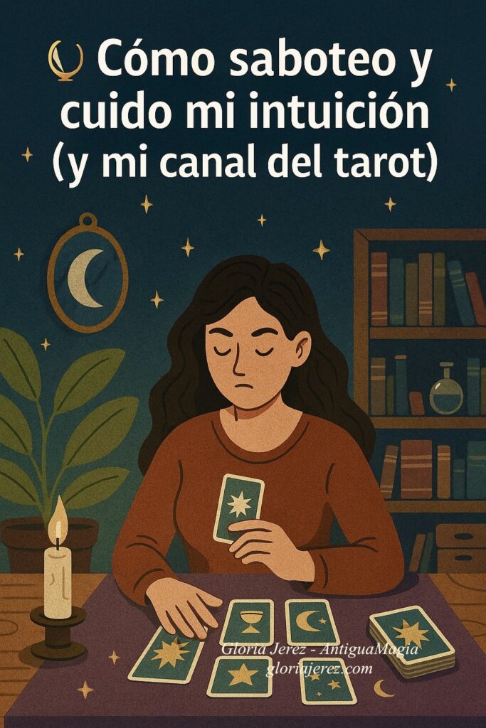 Ilustración esotérica digital de una mesa con cuaderno, taza de café, vela encendida y cartas de tarot, representando un lunes completo en AntiguaMagia con escritura, rituales y organización.