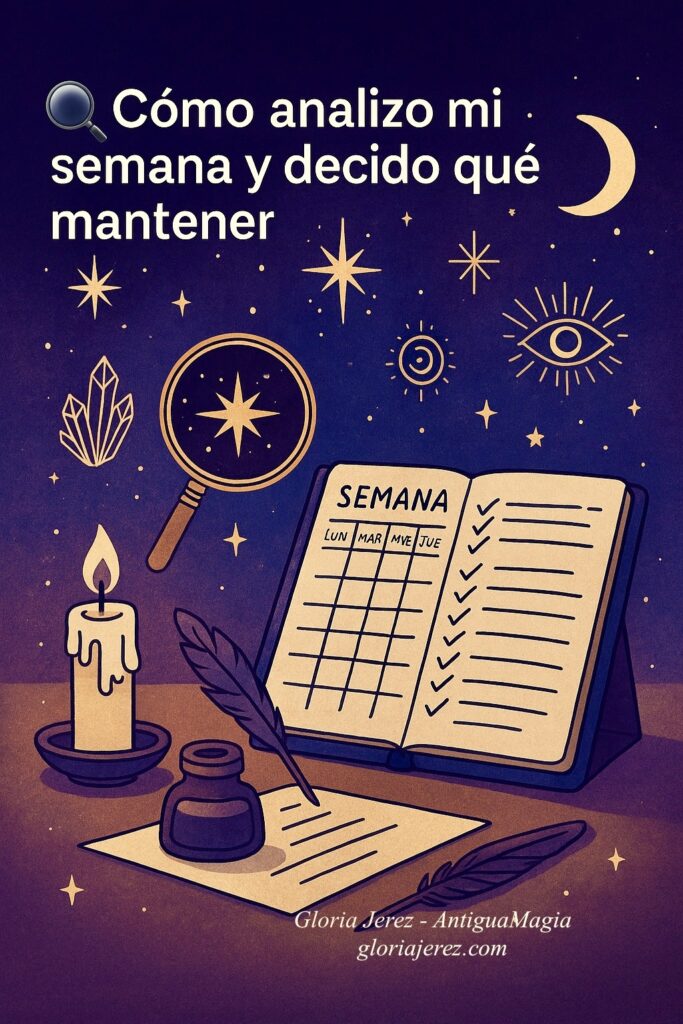 Ilustración esotérica digital que muestra un calendario semanal abierto bajo un cielo estrellado, con símbolos místicos y una vela encendida, representando la organización mágica de la semana en AntiguaMagia.
