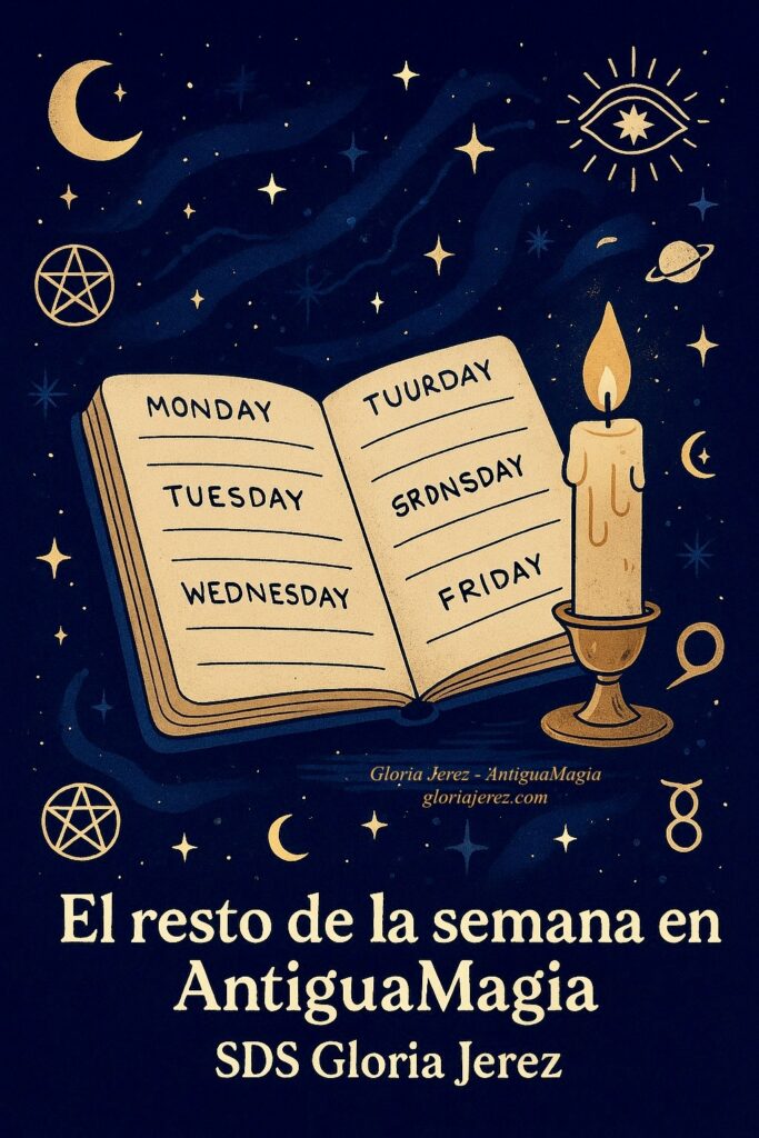 Ilustración esotérica digital que muestra un calendario semanal abierto bajo un cielo estrellado, con símbolos místicos y una vela encendida, representando la organización mágica de la semana en AntiguaMagia.