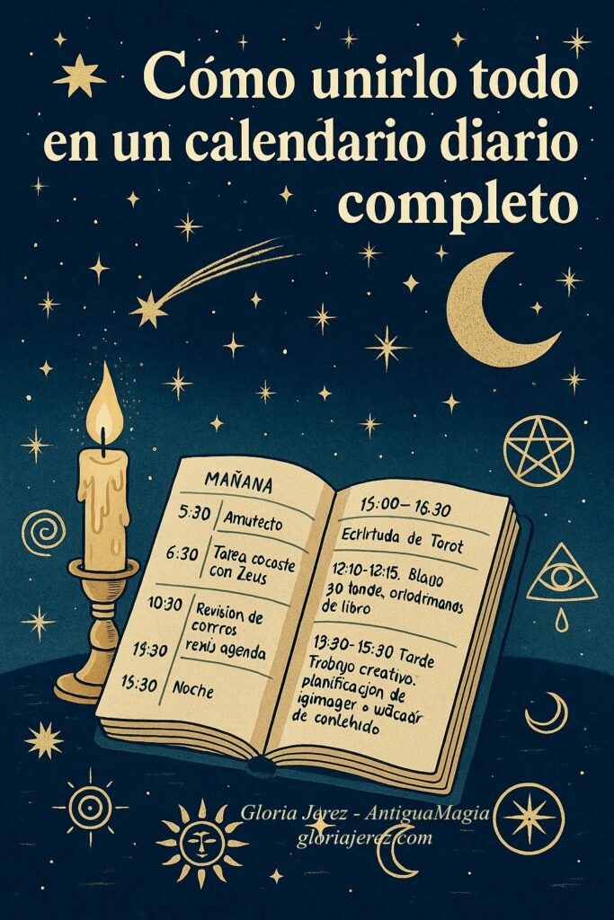 Ilustración digital esotérica que muestra un calendario abierto bajo un cielo estrellado, con símbolos místicos y tonos armónicos, representando la organización diaria mágica en AntiguaMagia.