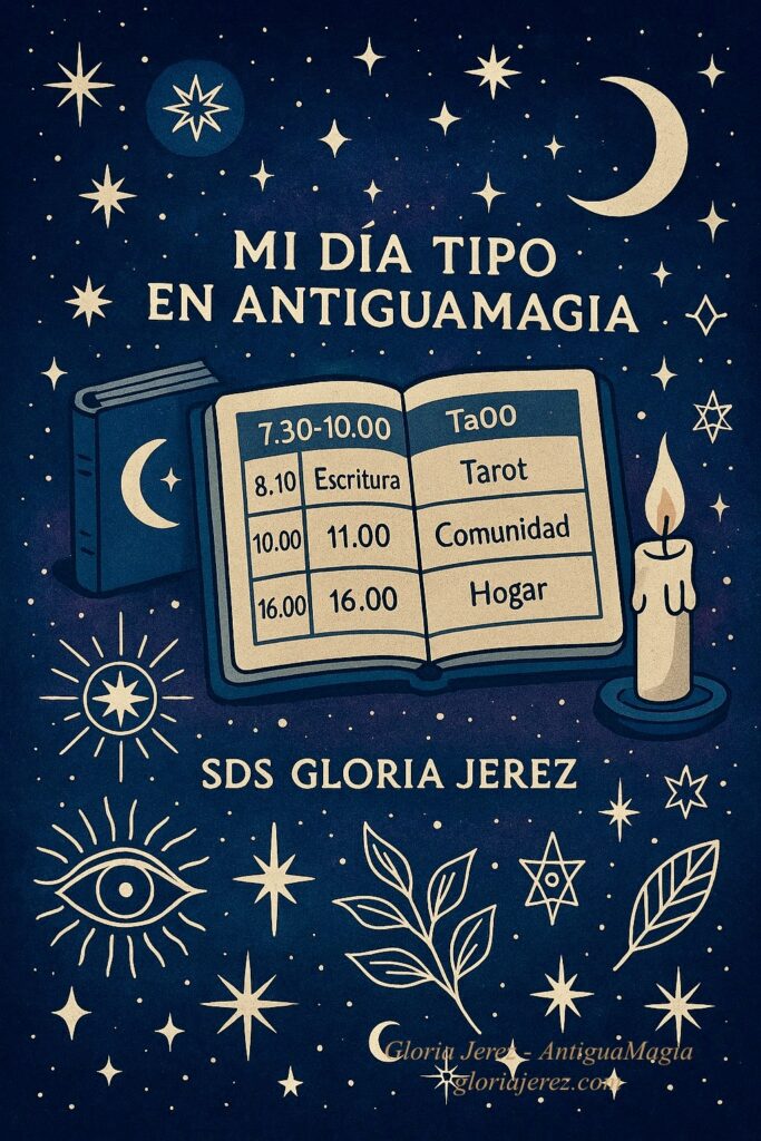 Ilustración digital esotérica de un calendario mágico rodeado de símbolos místicos y luz estelar, representando un día tipo en AntiguaMagia.