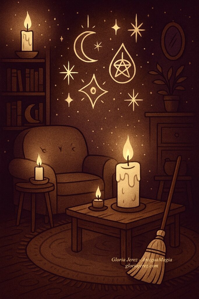 Ilustración digital esotérica de un hogar acogedor iluminado por velas, con símbolos mágicos en el aire, representando la integración de la organización doméstica en la vida espiritual.
