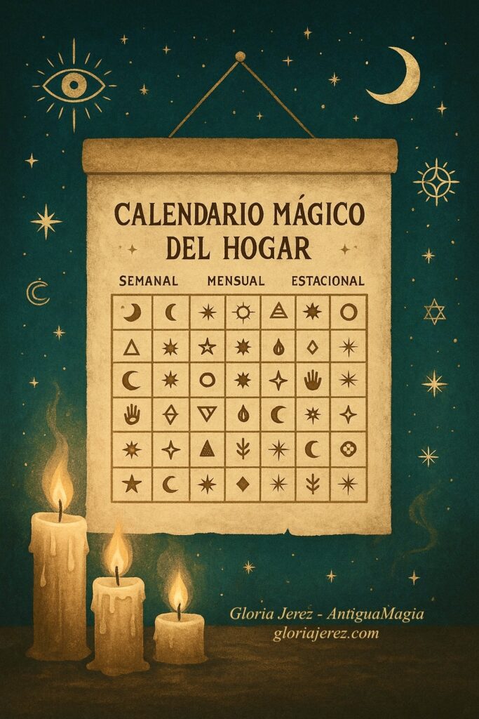 Ilustración digital esotérica de un calendario iluminado por velas bajo un cielo estrellado, con símbolos mágicos que representan los ciclos semanales, mensuales y estacionales del hogar.