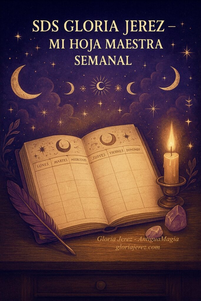 Ilustración esotérica digital de un calendario mágico en forma de hoja, rodeado de símbolos místicos y luz suave, representando el SDS Gloria Jerez.