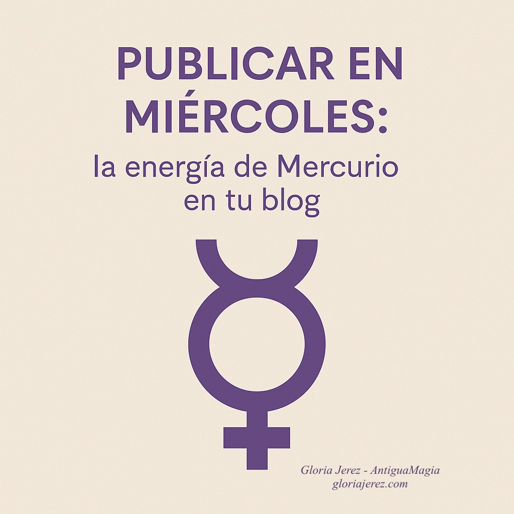 Imagen minimalista con el título “Publicar en miércoles: la energía de Mercurio en tu blog” y el símbolo de Mercurio en color púrpura sobre fondo beige.