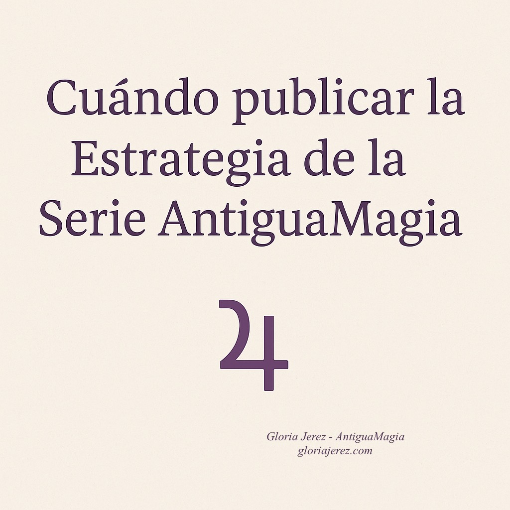 Imagen minimalista con el título “Cuándo publicar la Estrategia de la Serie AntiguaMagia” y el símbolo de Júpiter en color púrpura sobre fondo beige.