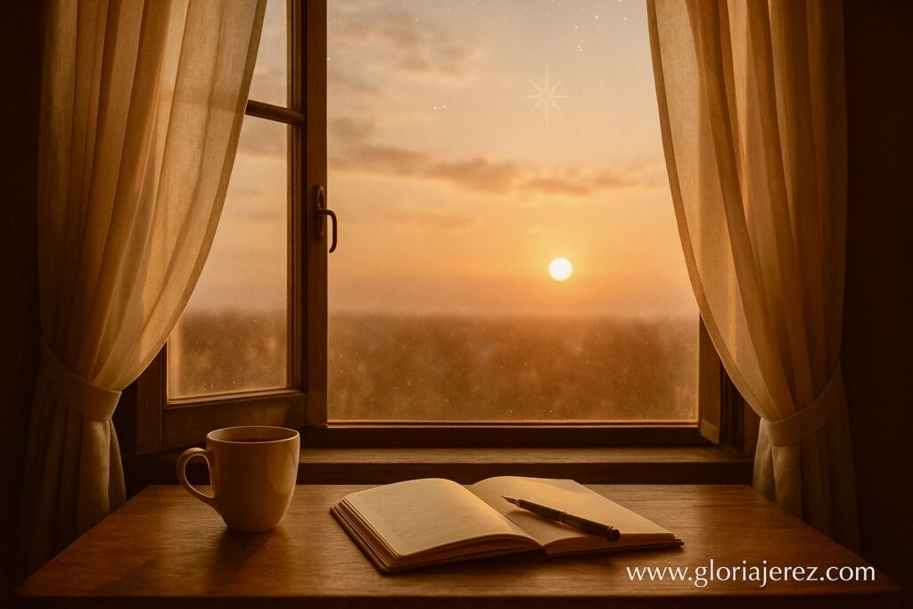 Mujer mirando un amanecer desde una ventana, símbolo de nuevo comienzo y paz interior
