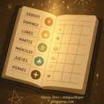 Calendario místico iluminado con símbolos, representando el plan de acción semanal para salir de la escasez.
