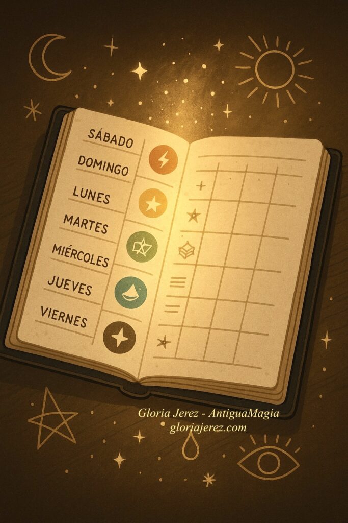 Calendario místico iluminado con símbolos, representando el plan de acción semanal para salir de la escasez.