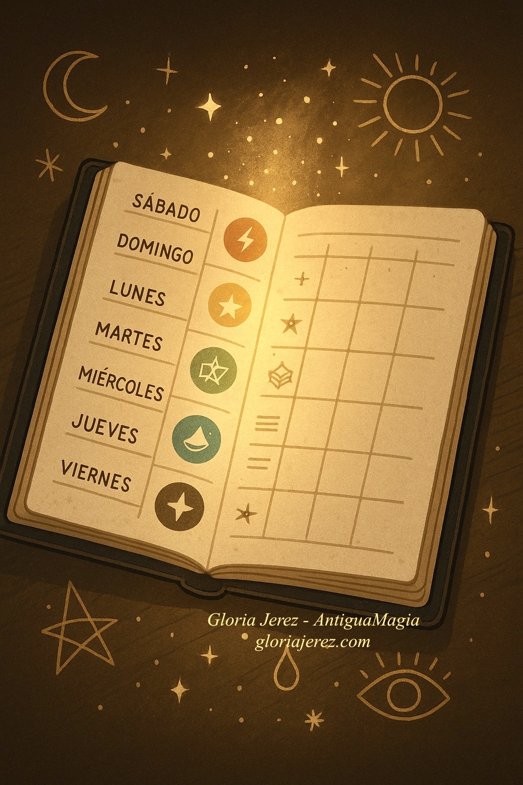 Calendario místico iluminado con símbolos, representando el plan de acción semanal para salir de la escasez.