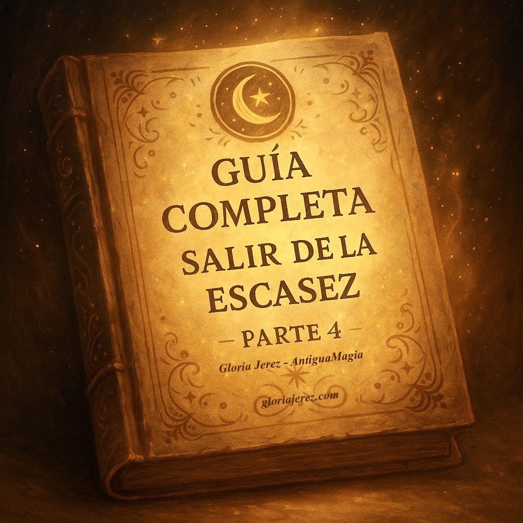 Libro místico iluminado representando la guía descargable para salir de la escasez.