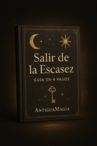 Libro místico iluminado representando la guía descargable para salir de la escasez.