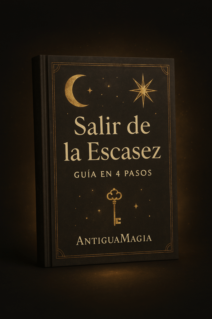Libro místico iluminado representando la guía descargable para salir de la escasez.