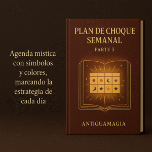Calendario místico iluminado con símbolos, representando el plan de acción semanal para salir de la escasez.