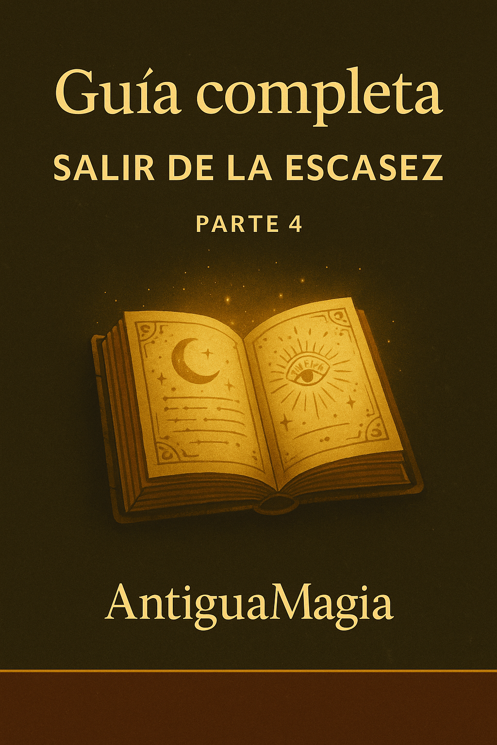 Libro místico iluminado representando la guía descargable para salir de la escasez.