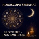 Horóscopo semanal del 28 de octubre al 3 de noviembre de 2025 con rueda zodiacal y luna menguante.
