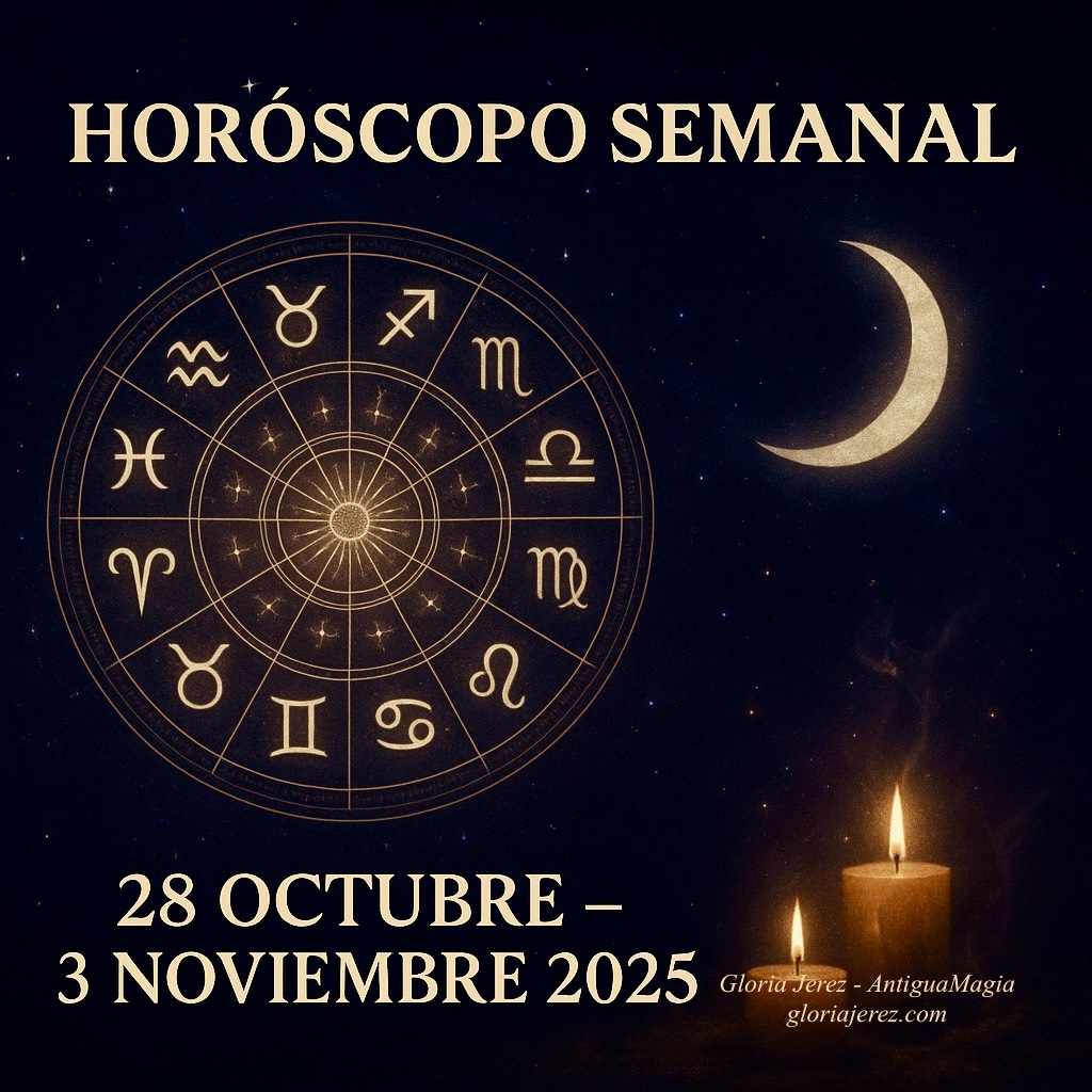 Horóscopo semanal del 28 de octubre al 3 de noviembre de 2025 con rueda zodiacal y luna menguante.