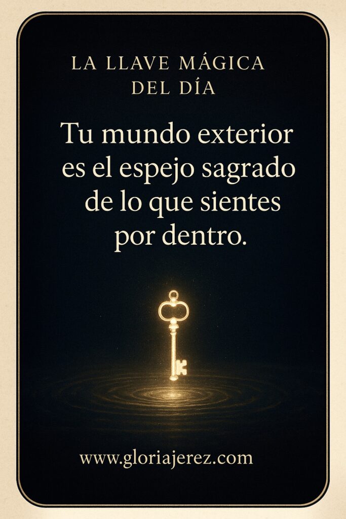 Imagen de la Llave Mágica del Día con una llave dorada flotando sobre agua y la frase “Tu mundo exterior es el espejo sagrado de lo que sientes por dentro” – AntiguaMagia