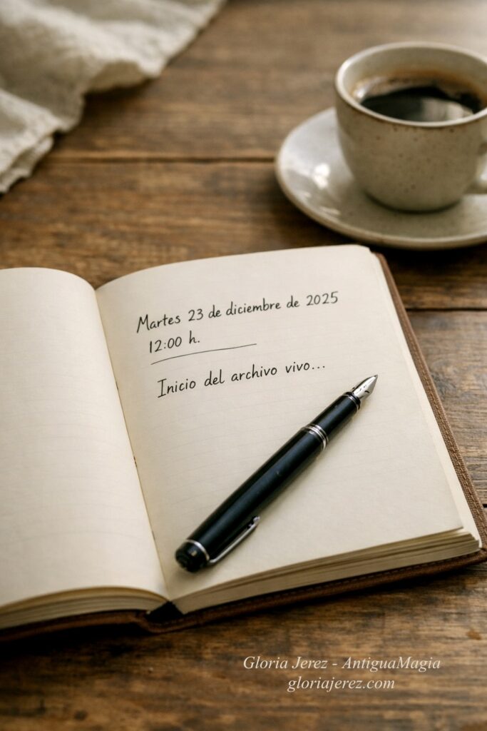 Cuaderno abierto sobre una mesa con luz suave que simboliza el inicio de una bitácora consciente y un archivo vivo personal