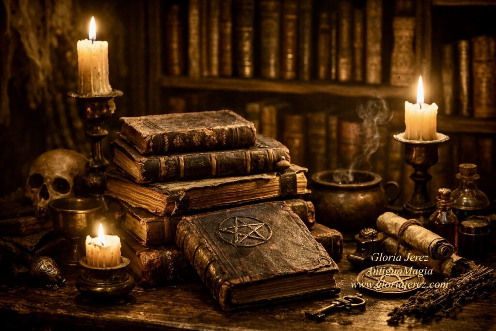 Biblioteca antigua de magia y brujería con grimorios, libros esotéricos y velas rituales 👉 Incluye: biblioteca magia brujería grimorios Todo natural, sin sobrecargar.