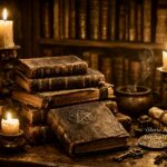 Biblioteca antigua de magia y brujería con grimorios, libros esotéricos y velas rituales 👉 Incluye: biblioteca magia brujería grimorios Todo natural, sin sobrecargar.