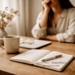 Mujer trabajando en escritorio minimalista con cuaderno abierto representando consulta privada estratégica