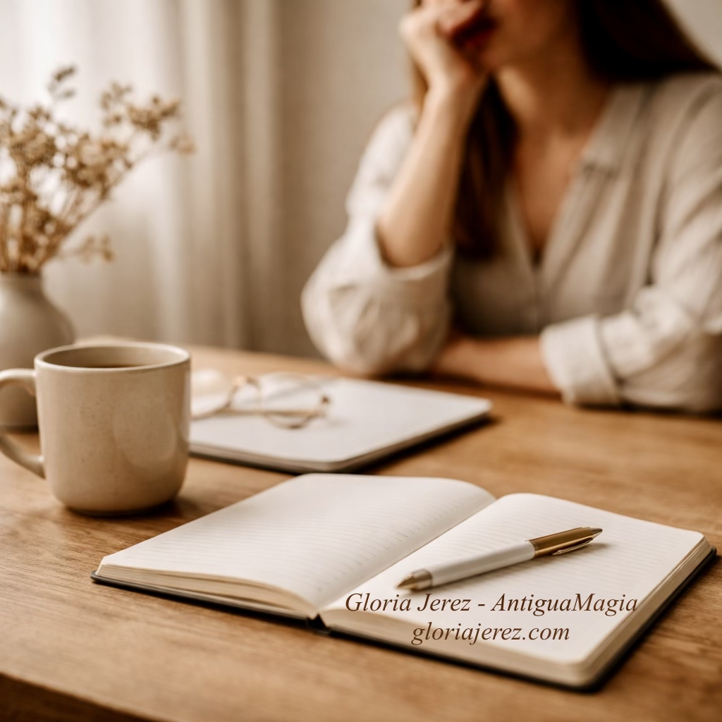 Mujer trabajando en escritorio minimalista con cuaderno abierto representando consulta privada estratégica
