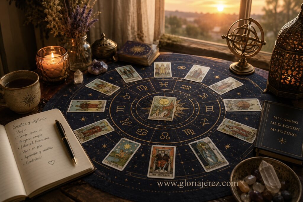 Mesa de Tarot con rueda astrológica y Arcanos Mayores para una tirada general anual.
