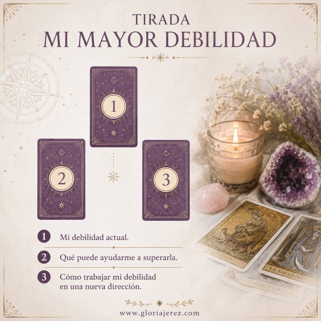 Esquema de la tirada de Tarot «Mi mayor debilidad» con tres posiciones para identificar la debilidad actual y el camino para transformarla.