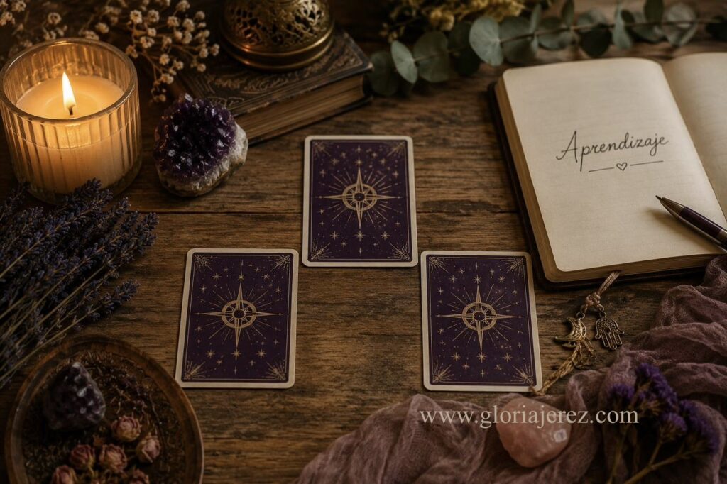Mesa de Tarot con tres cartas para una tirada de autoconocimiento y crecimiento personal.