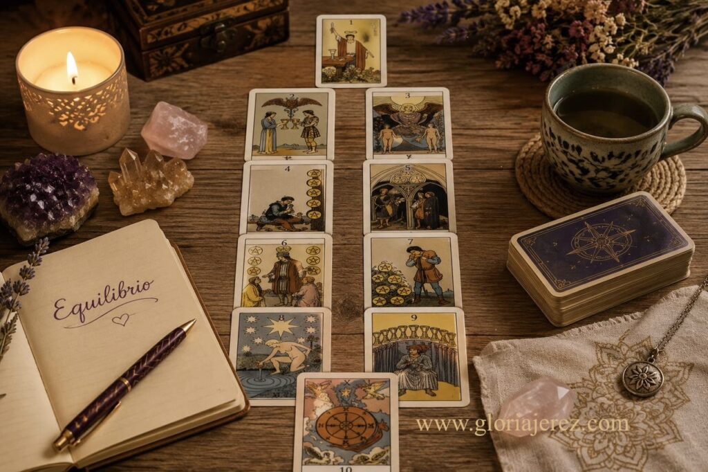 Mesa preparada para una Tirada Sencilla de Tarot sobre amor, trabajo, dinero y salud.